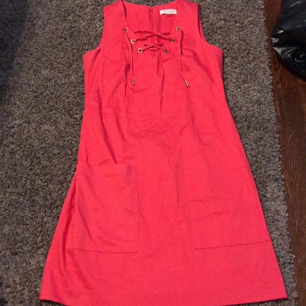 Calvin Klein Coral Lace-Up Sleeveless Shift Dress